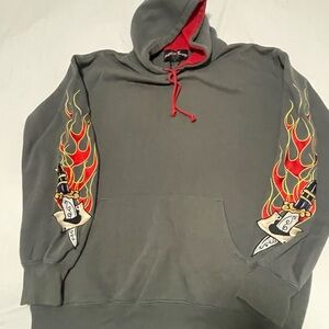 Sapphire Lounge vintage gray hoodie with embroidered flame design